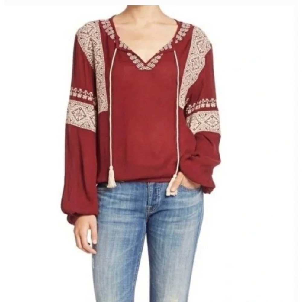 Tularosa Maroon Embroidered Peasant Top Boho Festival Statement XS